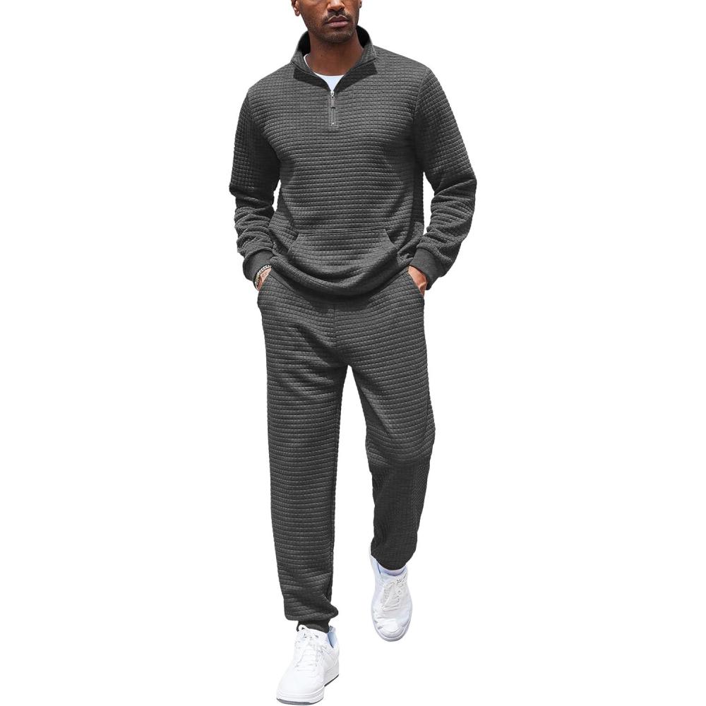 imageCOOFANDY Mens Tracksuit 2 Piece Quarter Zip Sweatsuit Workout Plaid Jacquard Jogging Suit SetDark Grey