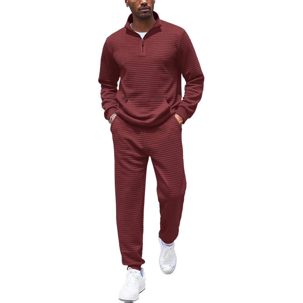 imageCOOFANDY Mens Tracksuit 2 Piece Quarter Zip Sweatsuit Workout Plaid Jacquard Jogging Suit SetDark Red