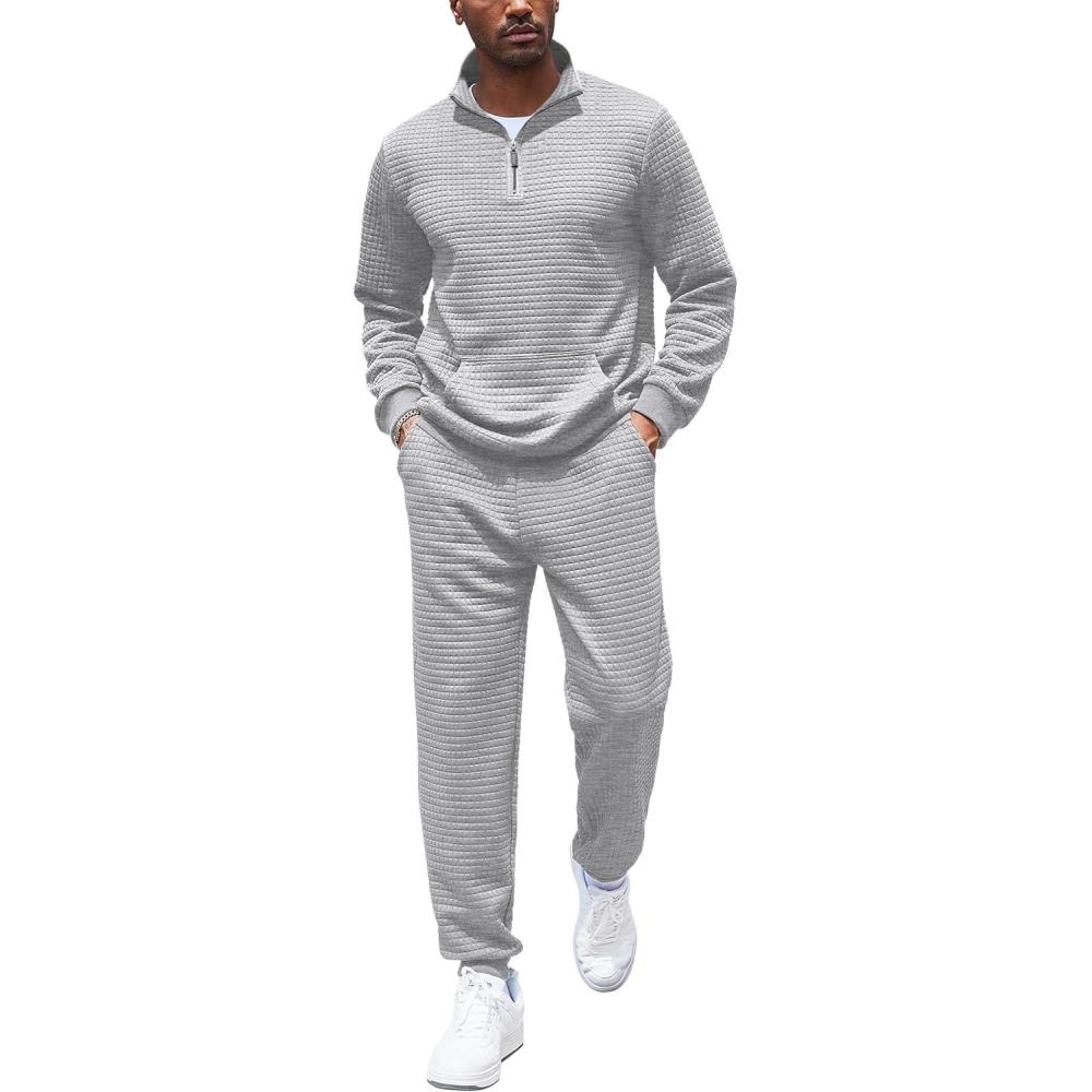 imageCOOFANDY Mens Tracksuit 2 Piece Quarter Zip Sweatsuit Workout Plaid Jacquard Jogging Suit SetLight Grey