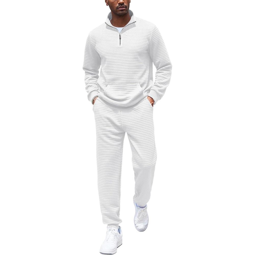 imageCOOFANDY Mens Tracksuit 2 Piece Quarter Zip Sweatsuit Workout Plaid Jacquard Jogging Suit SetWhite