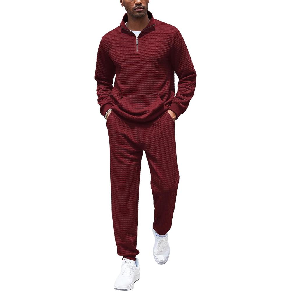 imageCOOFANDY Mens Tracksuit 2 Piece Quarter Zip Sweatsuit Workout Plaid Jacquard Jogging Suit SetWine Red