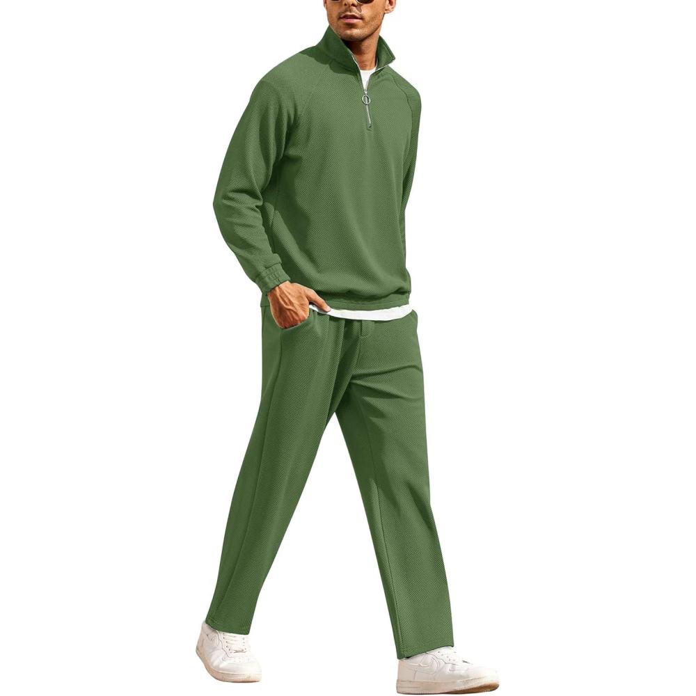 imageCOOFANDY Mens Tracksuit 2 Piece Relaxed Fit Halfzip Sweatsuits Athletic Running Jogging Suit SetsArmy Green