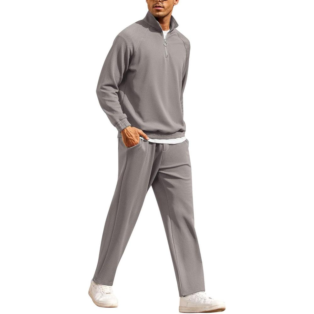 imageCOOFANDY Mens Tracksuit 2 Piece Relaxed Fit Halfzip Sweatsuits Athletic Running Jogging Suit SetsLight Grey