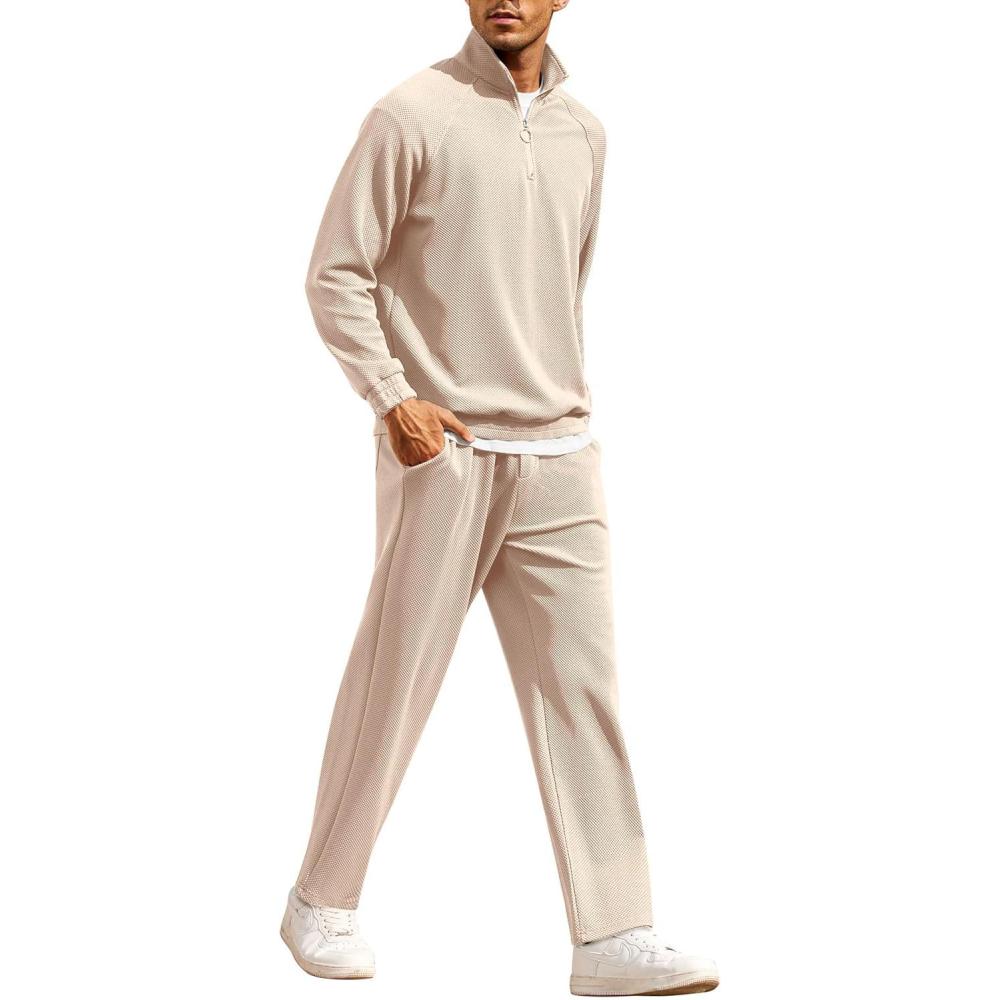imageCOOFANDY Mens Tracksuit 2 Piece Relaxed Fit Halfzip Sweatsuits Athletic Running Jogging Suit SetsLight Khaki
