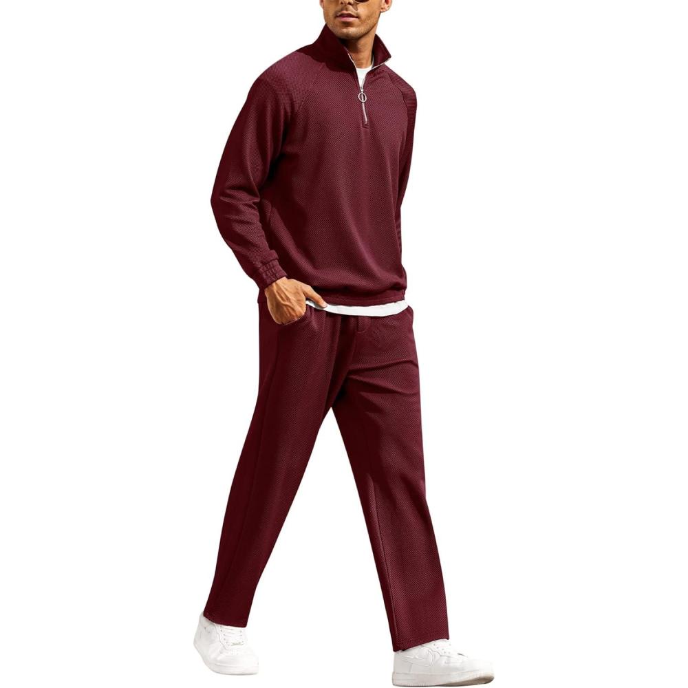 imageCOOFANDY Mens Tracksuit 2 Piece Relaxed Fit Halfzip Sweatsuits Athletic Running Jogging Suit SetsWine Red