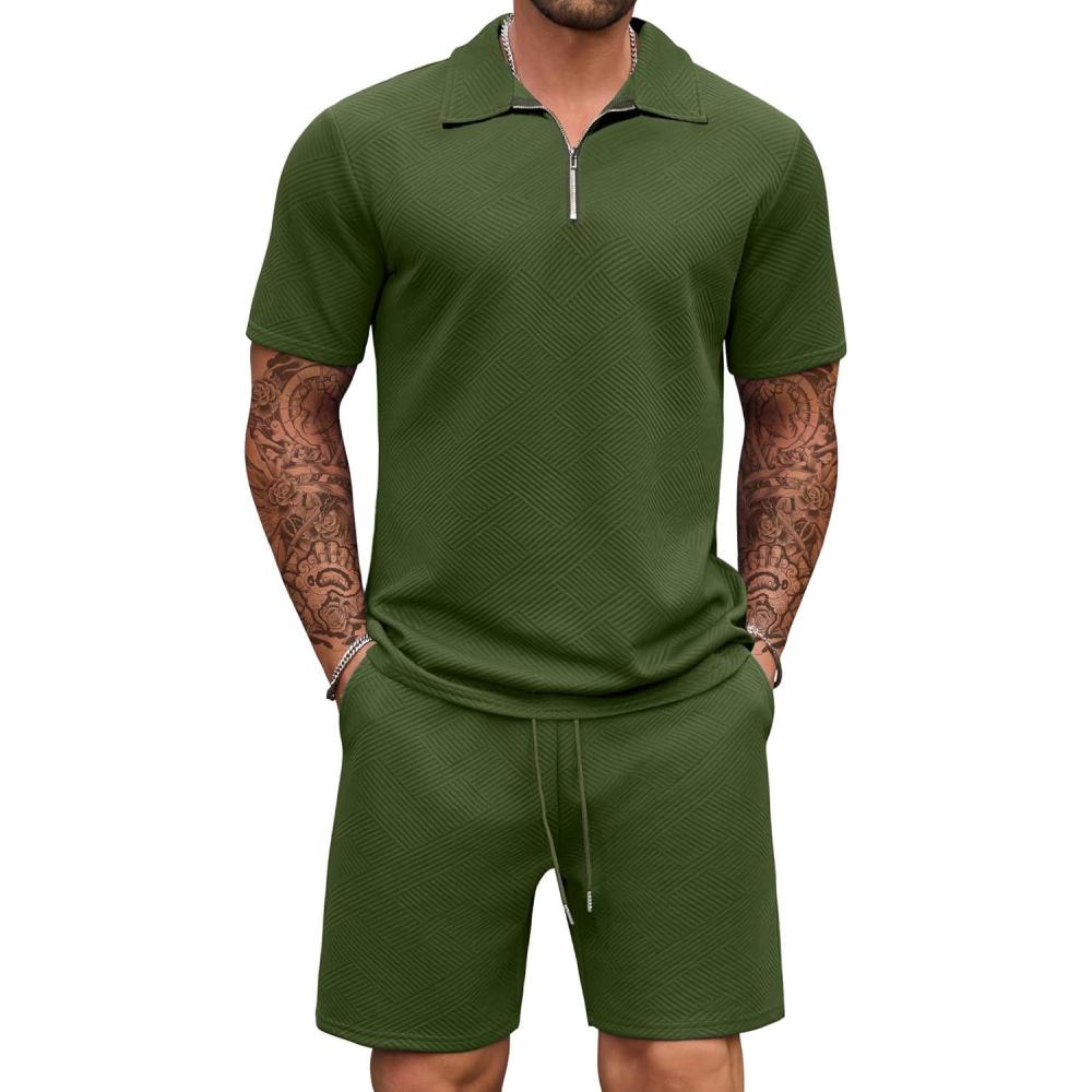 imageCOOFANDY Mens Tracksuit Casual 2 Piece Quarter Zip Polo Shirt and Shorts Set Athletic Jogging Sports OutfitsArmy Green