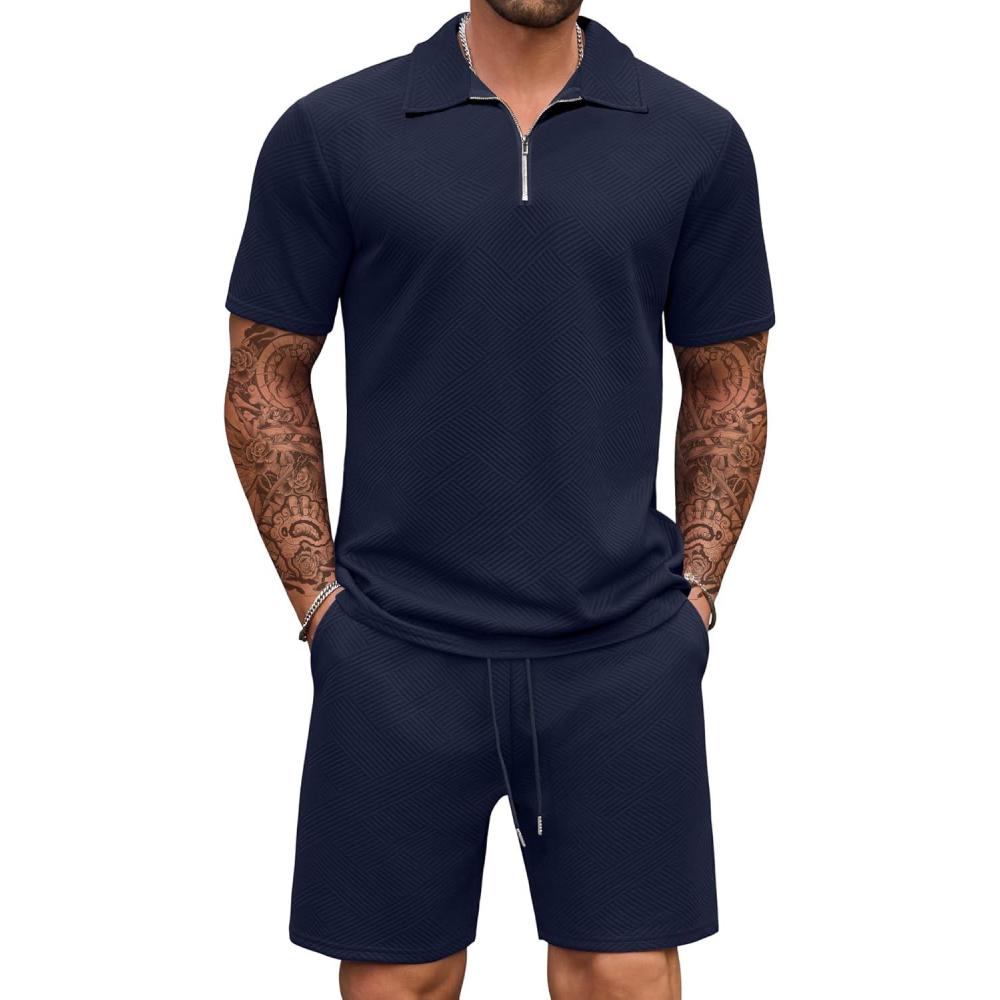 imageCOOFANDY Mens Tracksuit Casual 2 Piece Quarter Zip Polo Shirt and Shorts Set Athletic Jogging Sports OutfitsDark Blue