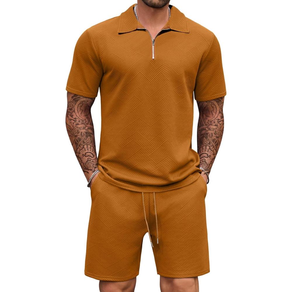 imageCOOFANDY Mens Tracksuit Casual 2 Piece Quarter Zip Polo Shirt and Shorts Set Athletic Jogging Sports OutfitsLight Brown
