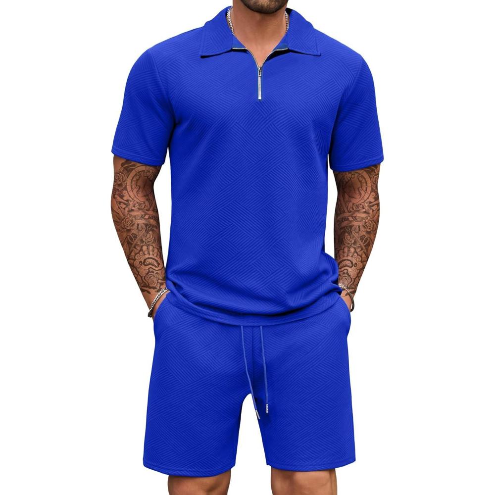 imageCOOFANDY Mens Tracksuit Casual 2 Piece Quarter Zip Polo Shirt and Shorts Set Athletic Jogging Sports OutfitsSapphire