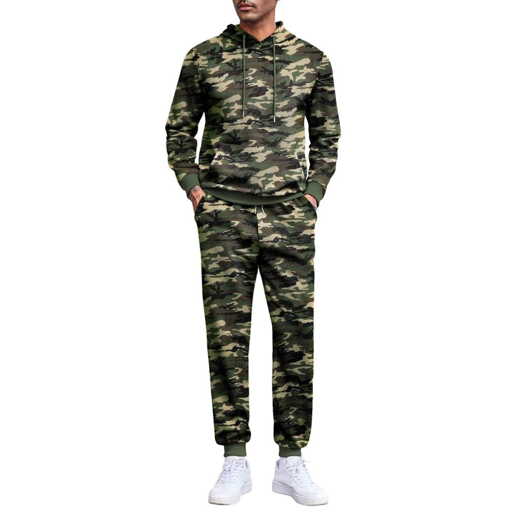 imageCOOFANDY Mens Tracksuits 2 Pieces Waffle Hoodies Sweatsuit Sets Sports Jogging Suit SetArmy Green Camo