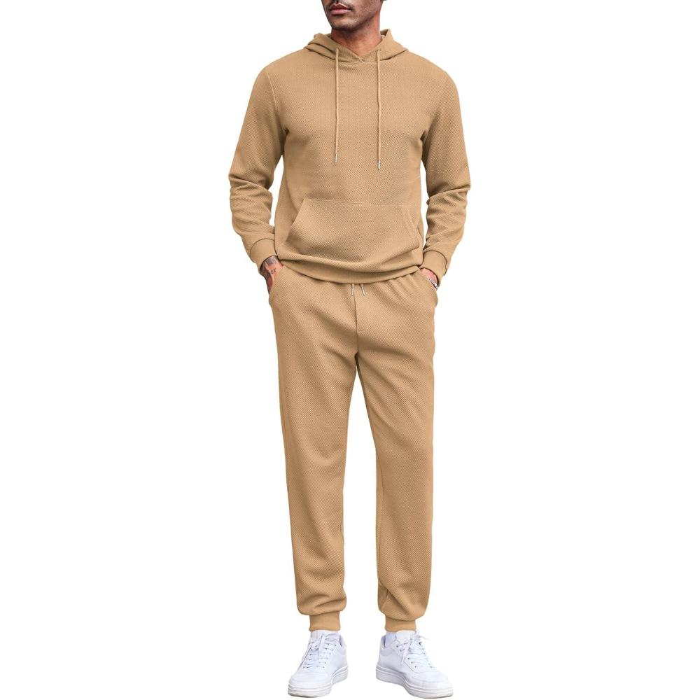 imageCOOFANDY Mens Tracksuits 2 Pieces Waffle Hoodies Sweatsuit Sets Sports Jogging Suit SetKhaki