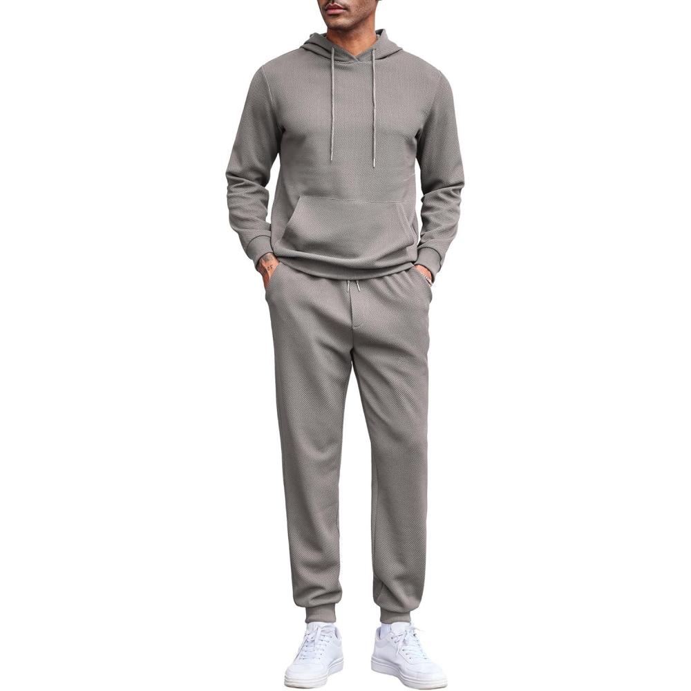 imageCOOFANDY Mens Tracksuits 2 Pieces Waffle Hoodies Sweatsuit Sets Sports Jogging Suit SetLight Grey