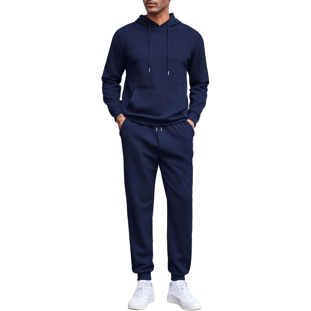 imageCOOFANDY Mens Tracksuits 2 Pieces Waffle Hoodies Sweatsuit Sets Sports Jogging Suit SetNavy Blue
