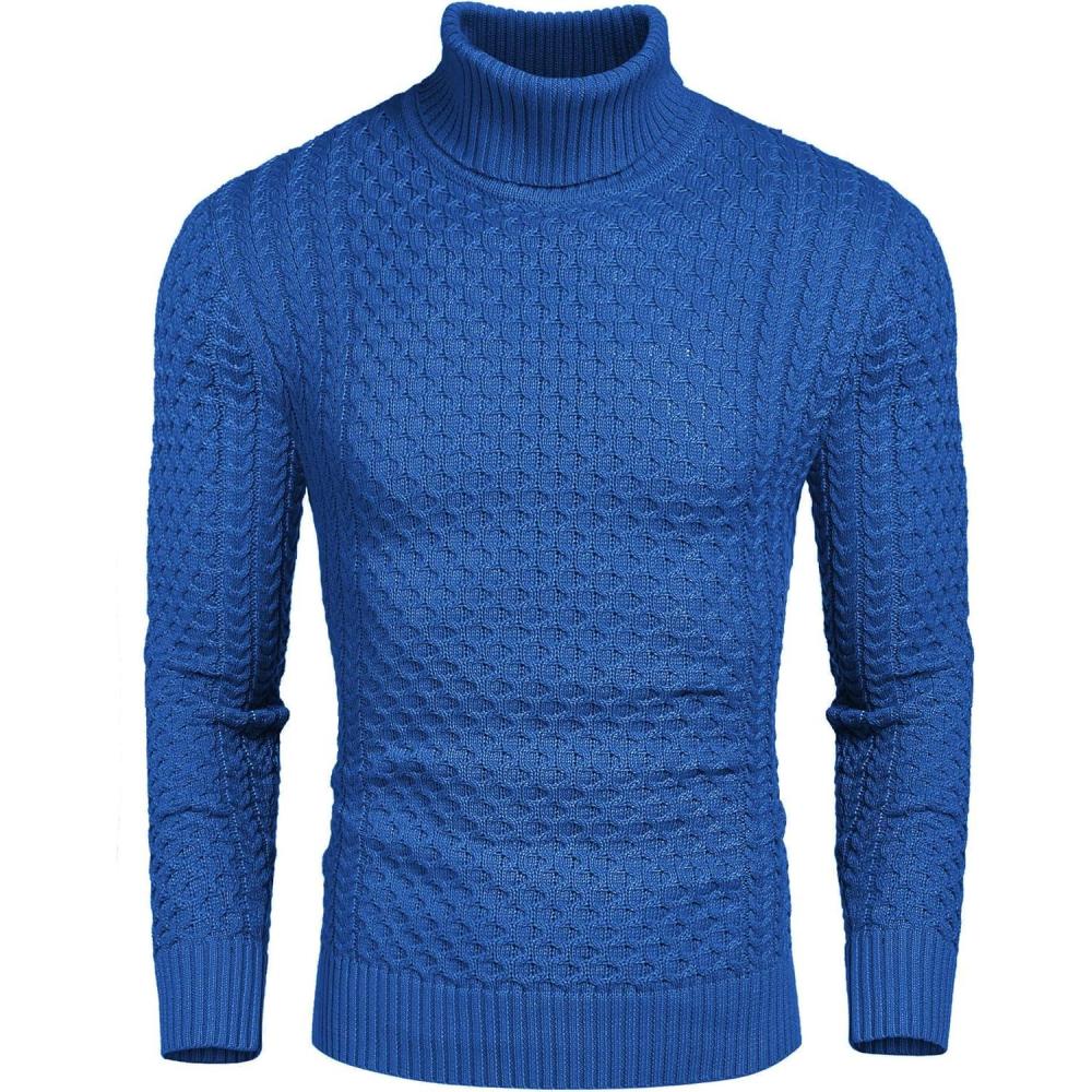 imageCOOFANDY Mens Turtleneck Jumper Long Sleeve Turtleneck Warm Knitted Plain Sweater Casual Slim Fit Winter SweaterBlue
