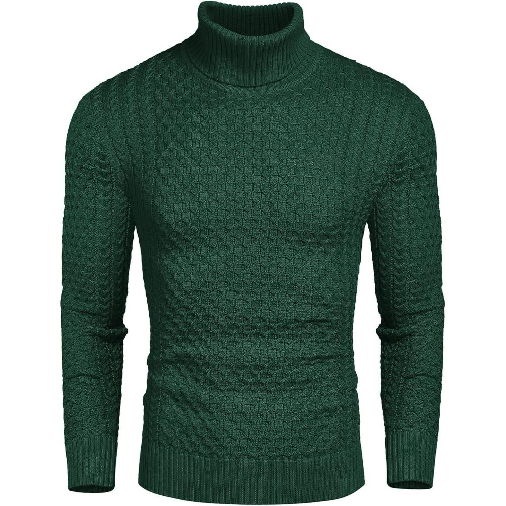 imageCOOFANDY Mens Turtleneck Jumper Long Sleeve Turtleneck Warm Knitted Plain Sweater Casual Slim Fit Winter SweaterGreen