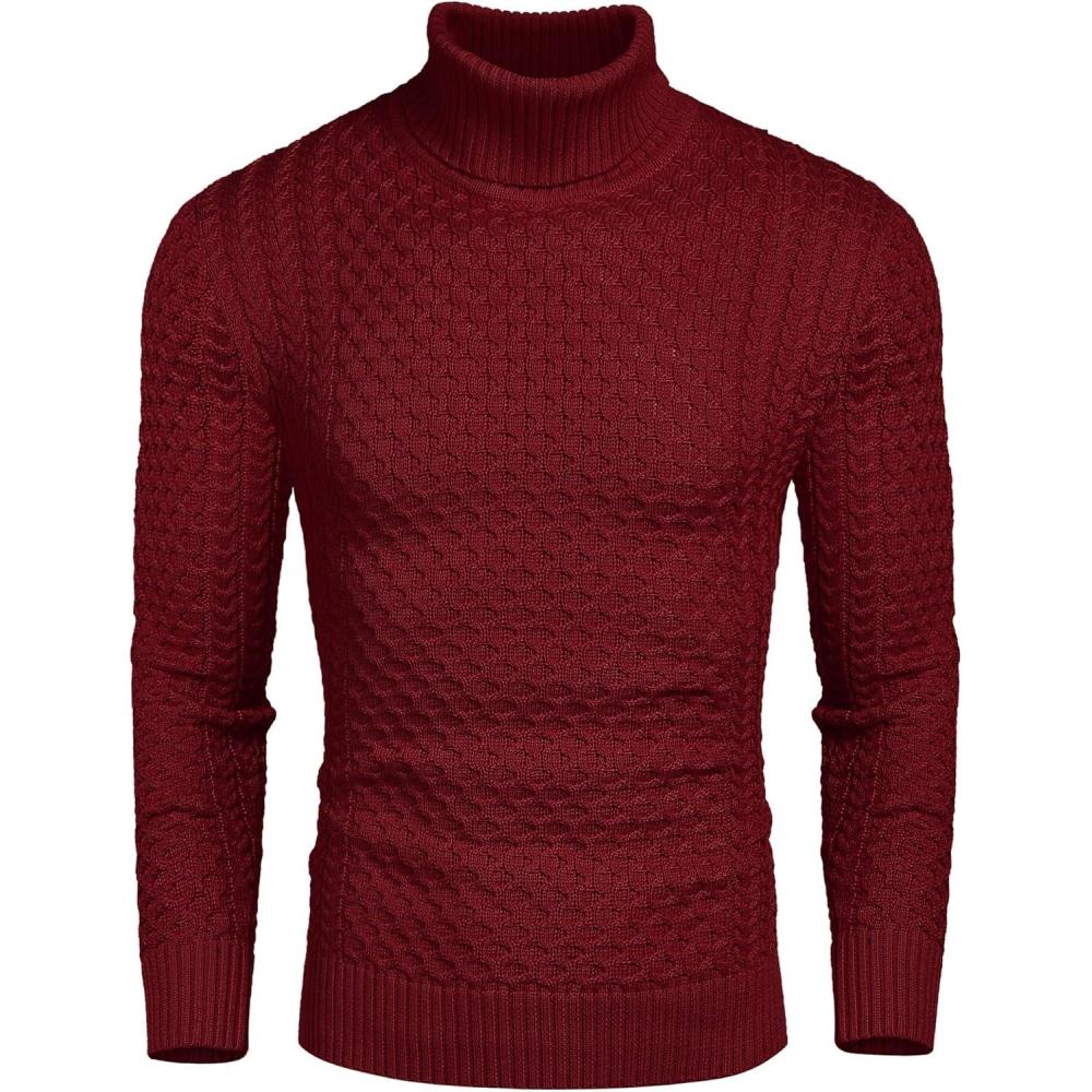 imageCOOFANDY Mens Turtleneck Jumper Long Sleeve Turtleneck Warm Knitted Plain Sweater Casual Slim Fit Winter SweaterWine Red