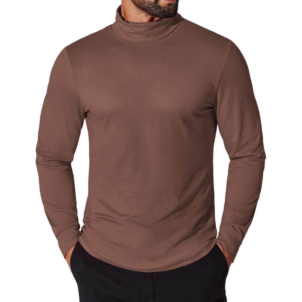 imageCOOFANDY Mens Turtleneck T Shirt Long Sleeve Pullover Sweater Slim Fit Lightweight Thermal Undershirt TopsBrown