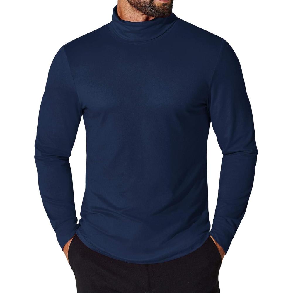 imageCOOFANDY Mens Turtleneck T Shirt Long Sleeve Pullover Sweater Slim Fit Lightweight Thermal Undershirt TopsNavy Blue