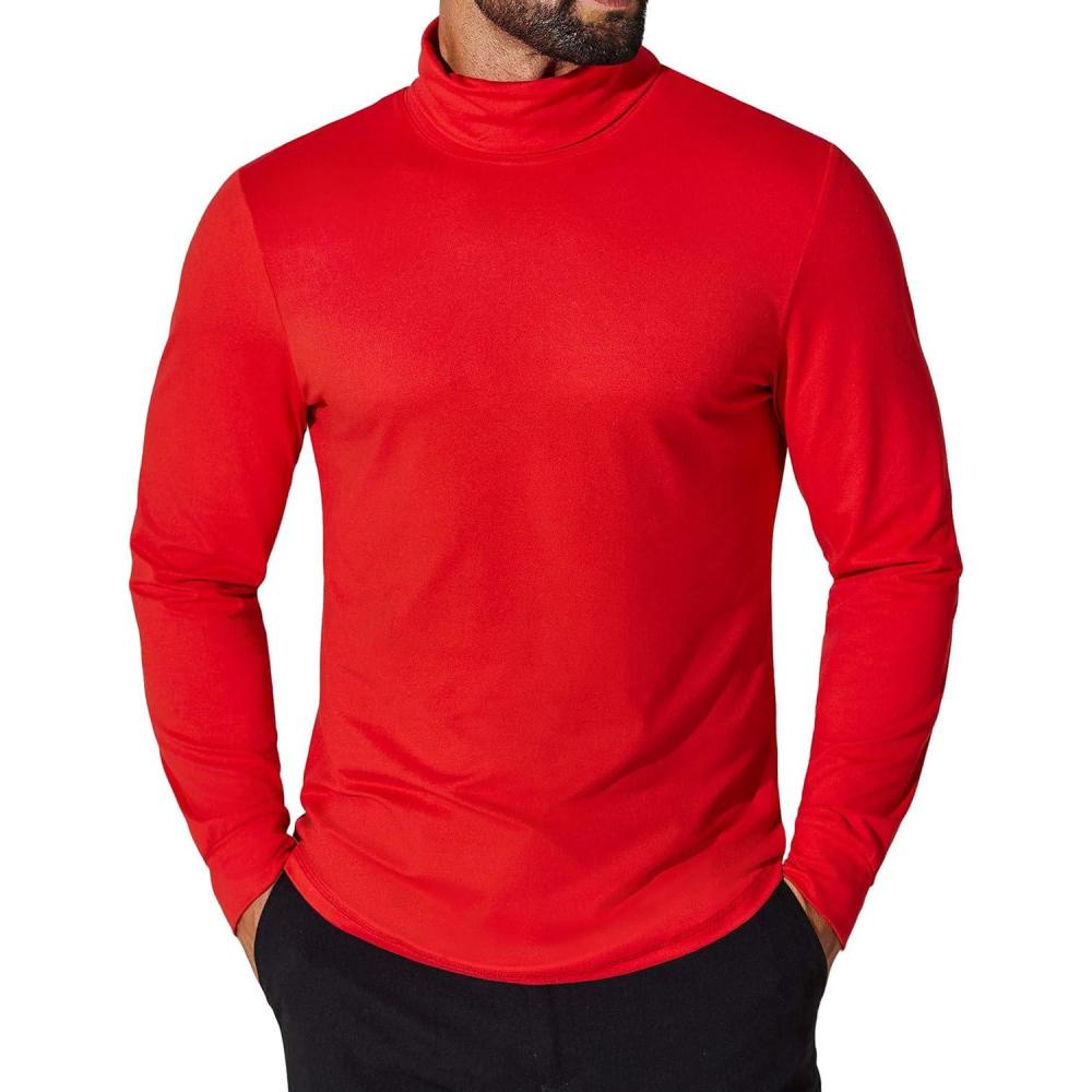 imageCOOFANDY Mens Turtleneck T Shirt Long Sleeve Pullover Sweater Slim Fit Lightweight Thermal Undershirt TopsRed