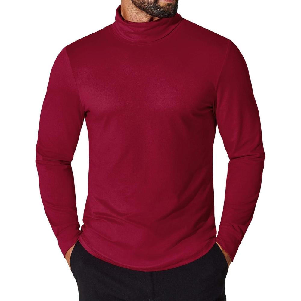 imageCOOFANDY Mens Turtleneck T Shirt Long Sleeve Pullover Sweater Slim Fit Lightweight Thermal Undershirt TopsWine Red