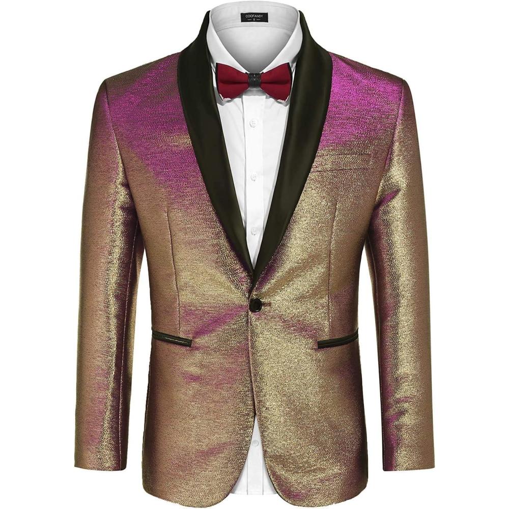 imageCOOFANDY Mens Tuxedo Jacket Slim Fit Shawl Lapel Blazer One Button Suit Jackets for Party Prom Wedding DinnerArose Golden