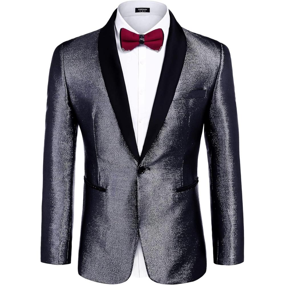 imageCOOFANDY Mens Tuxedo Jacket Slim Fit Shawl Lapel Blazer One Button Suit Jackets for Party Prom Wedding DinnerPat2black