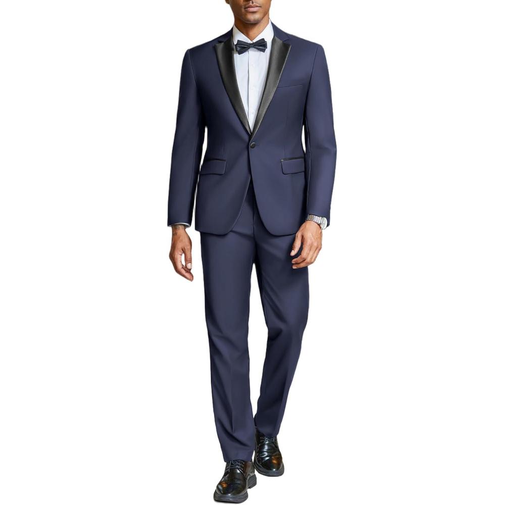 imageCOOFANDY Mens Tuxedo Suit Set Slim Fit 2 Piece One Button Christmas Blazer Jacket Pants for WeddingDinnerPromNavy Blue