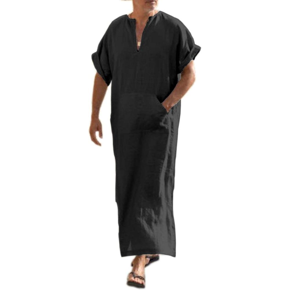 imageCOOFANDY Mens VNeck Linen Robe Short Sleeve Kaftan Thobe Long Gown Casual Shirt for Beach SummerBlack