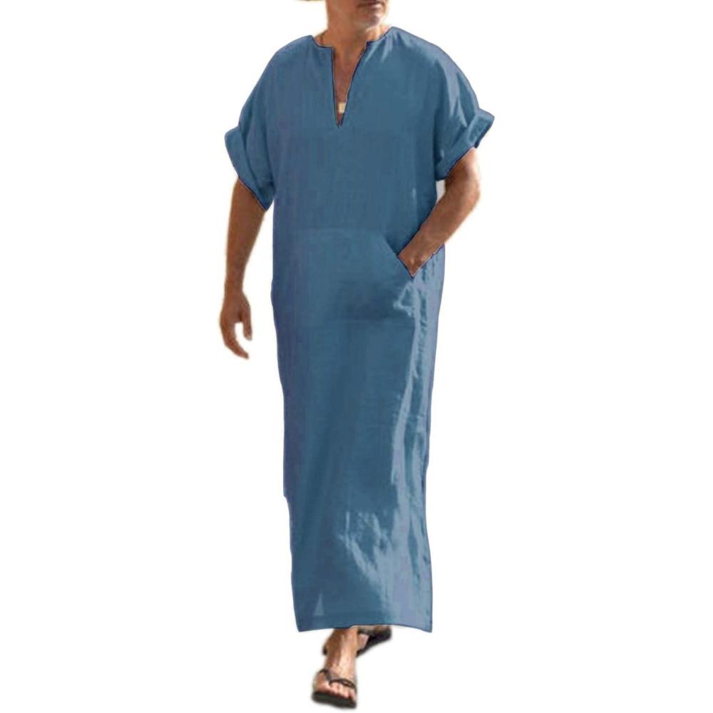 imageCOOFANDY Mens VNeck Linen Robe Short Sleeve Kaftan Thobe Long Gown Casual Shirt for Beach SummerBlue