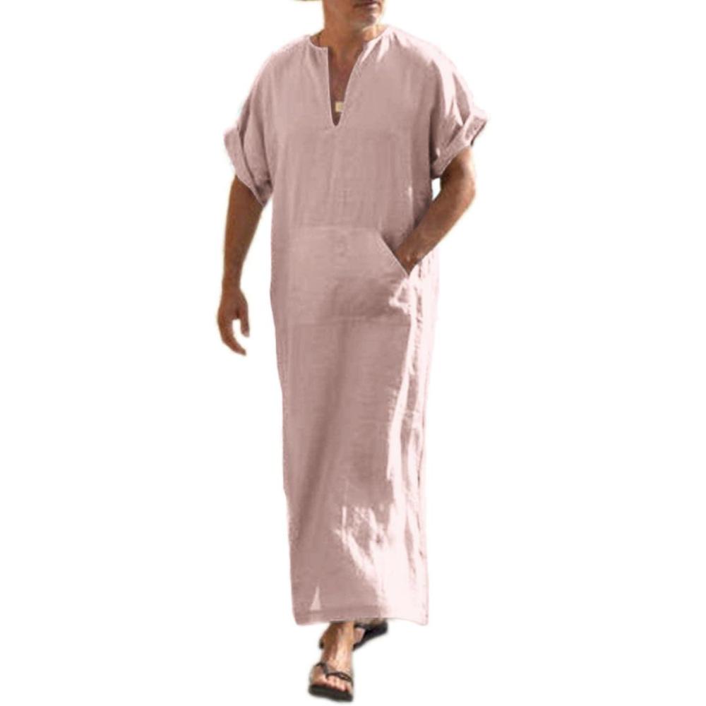 imageCOOFANDY Mens VNeck Linen Robe Short Sleeve Kaftan Thobe Long Gown Casual Shirt for Beach SummerDark Pink