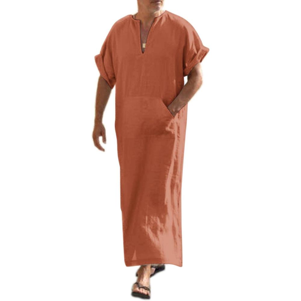 imageCOOFANDY Mens VNeck Linen Robe Short Sleeve Kaftan Thobe Long Gown Casual Shirt for Beach SummerLight Brown