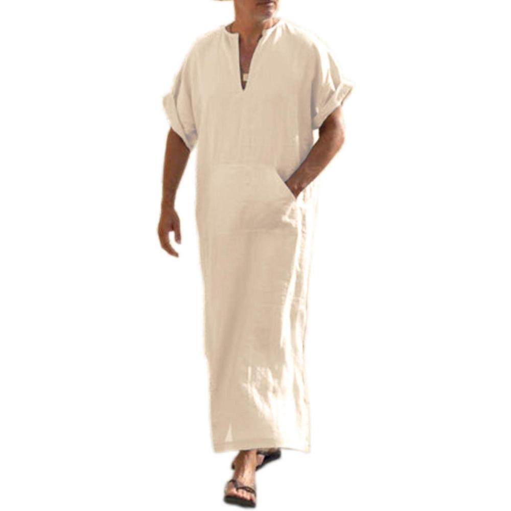 imageCOOFANDY Mens VNeck Linen Robe Short Sleeve Kaftan Thobe Long Gown Casual Shirt for Beach SummerLight Khaki