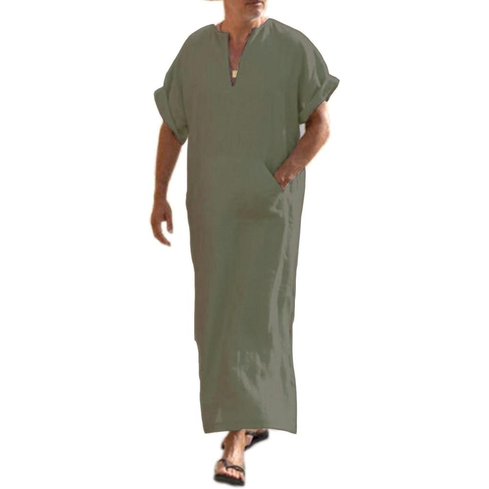 imageCOOFANDY Mens VNeck Linen Robe Short Sleeve Kaftan Thobe Long Gown Casual Shirt for Beach SummerOlive Green