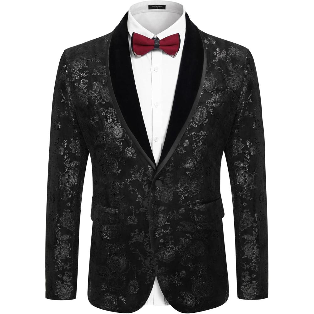 imageCOOFANDY Mens Velvet Tuxedo Floral Blazer Jacket One Button Shawl Lapel Suit Jacket for Dinner Prom Party WeddingAblack
