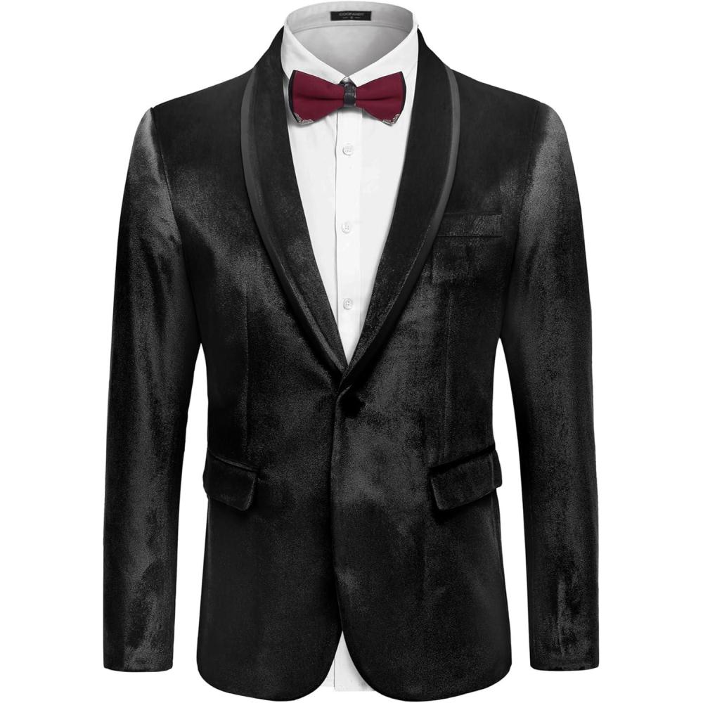 imageCOOFANDY Mens Velvet Tuxedo Floral Blazer Jacket One Button Shawl Lapel Suit Jacket for Dinner Prom Party WeddingBlacksolid