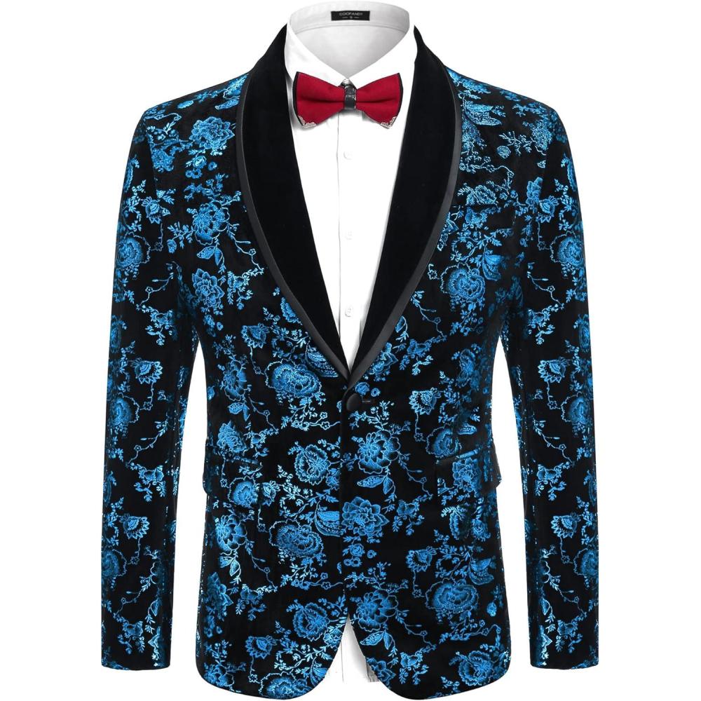 imageCOOFANDY Mens Velvet Tuxedo Floral Blazer Jacket One Button Shawl Lapel Suit Jacket for Dinner Prom Party WeddingBlue