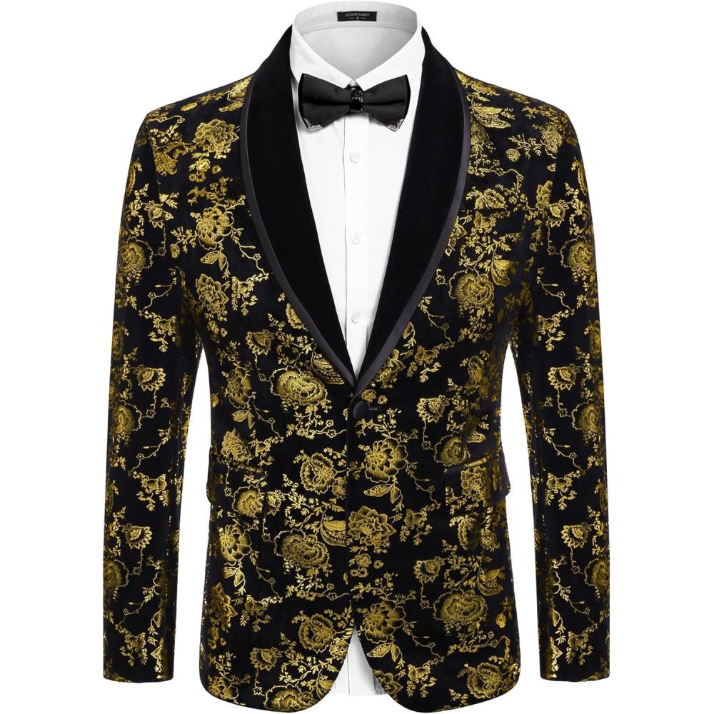 imageCOOFANDY Mens Velvet Tuxedo Floral Blazer Jacket One Button Shawl Lapel Suit Jacket for Dinner Prom Party WeddingGolden