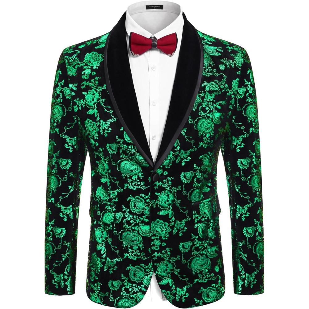 imageCOOFANDY Mens Velvet Tuxedo Floral Blazer Jacket One Button Shawl Lapel Suit Jacket for Dinner Prom Party WeddingGreen