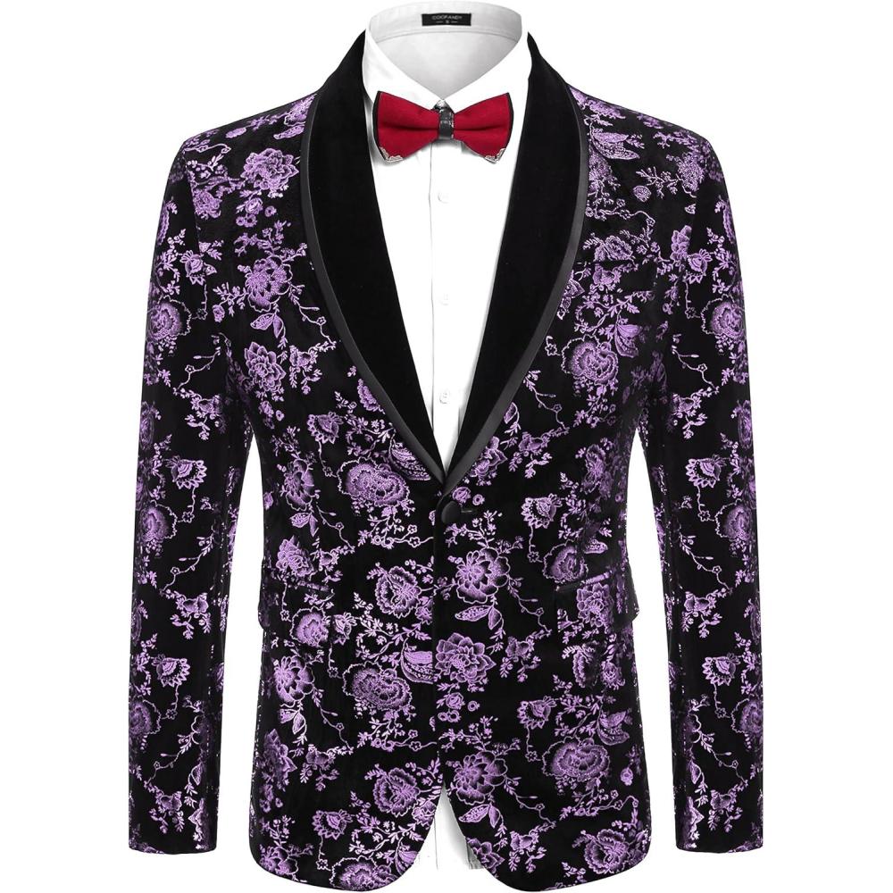 imageCOOFANDY Mens Velvet Tuxedo Floral Blazer Jacket One Button Shawl Lapel Suit Jacket for Dinner Prom Party WeddingPurple