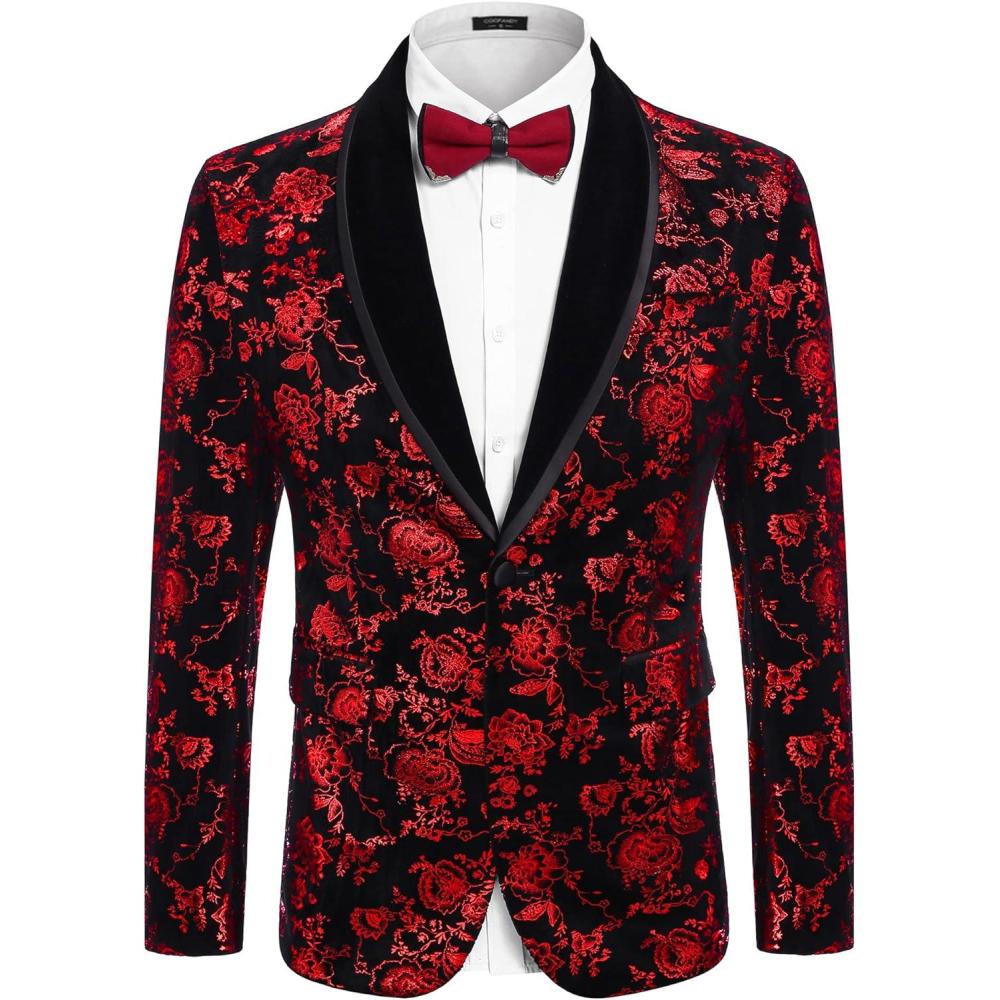 imageCOOFANDY Mens Velvet Tuxedo Floral Blazer Jacket One Button Shawl Lapel Suit Jacket for Dinner Prom Party WeddingRed