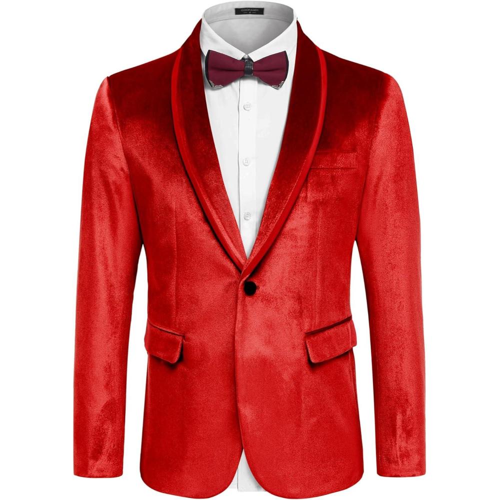 imageCOOFANDY Mens Velvet Tuxedo Floral Blazer Jacket One Button Shawl Lapel Suit Jacket for Dinner Prom Party WeddingRedsolid