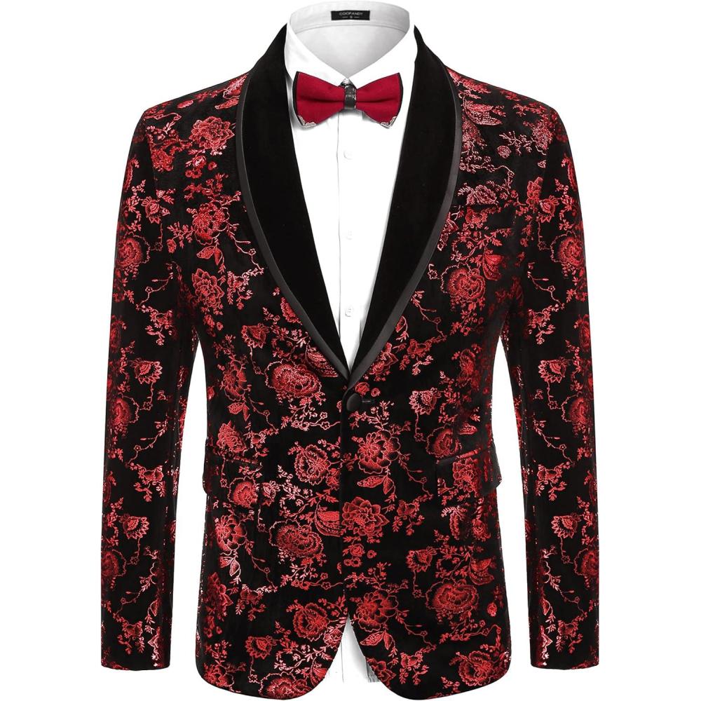 imageCOOFANDY Mens Velvet Tuxedo Floral Blazer Jacket One Button Shawl Lapel Suit Jacket for Dinner Prom Party WeddingWine Red