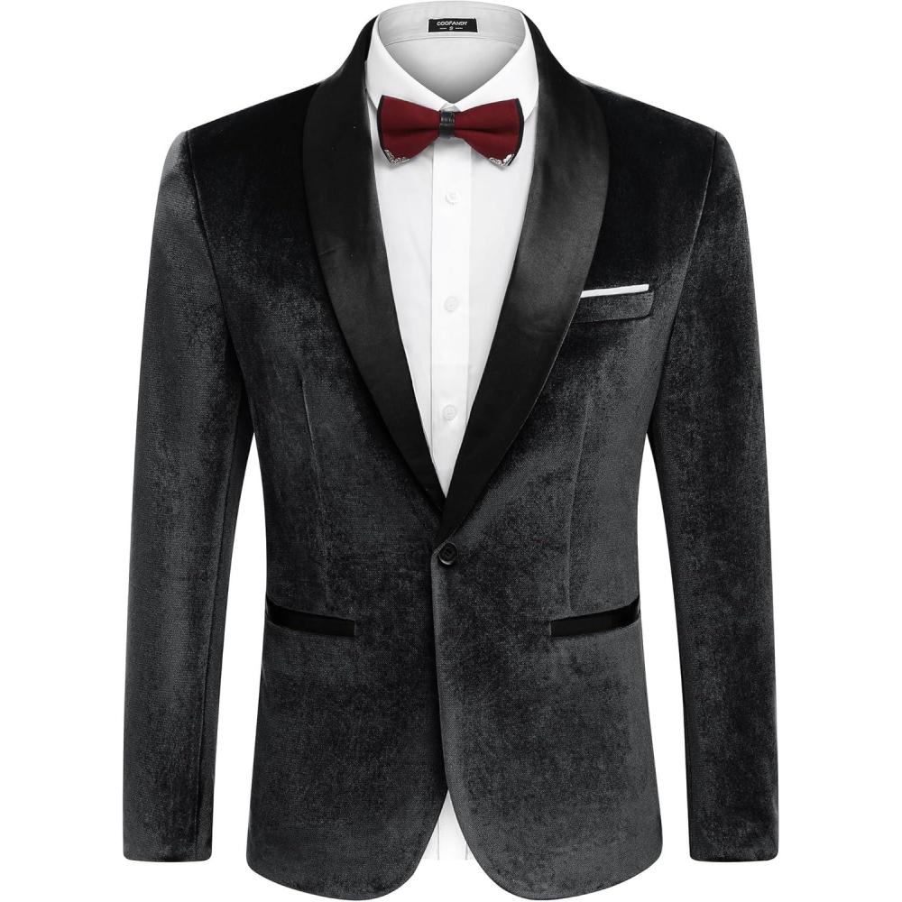 imageCOOFANDY Mens Velvet Tuxedo One Button Jacket Dinner Prom Wedding Blazer JacketBlack