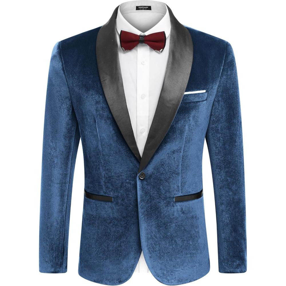 imageCOOFANDY Mens Velvet Tuxedo One Button Jacket Dinner Prom Wedding Blazer JacketBlue