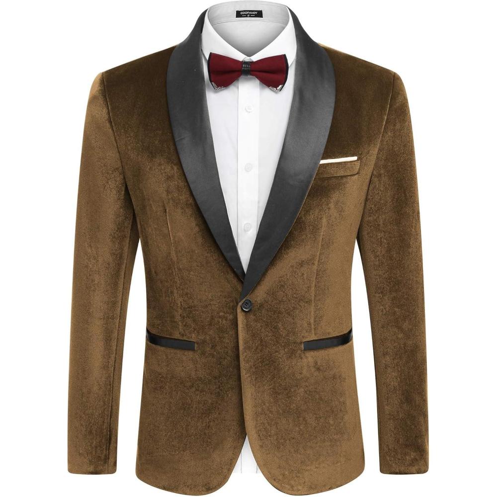 imageCOOFANDY Mens Velvet Tuxedo One Button Jacket Dinner Prom Wedding Blazer JacketBrown