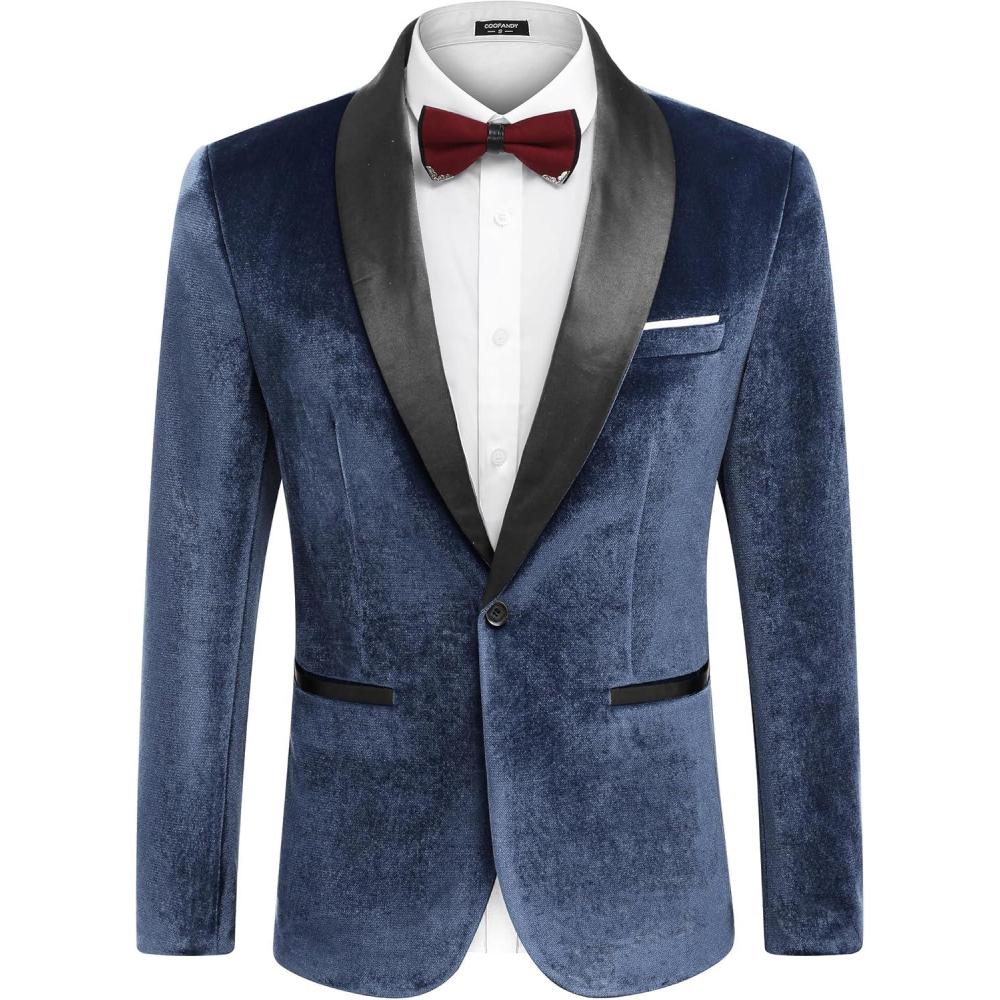 imageCOOFANDY Mens Velvet Tuxedo One Button Jacket Dinner Prom Wedding Blazer JacketNavy Blue