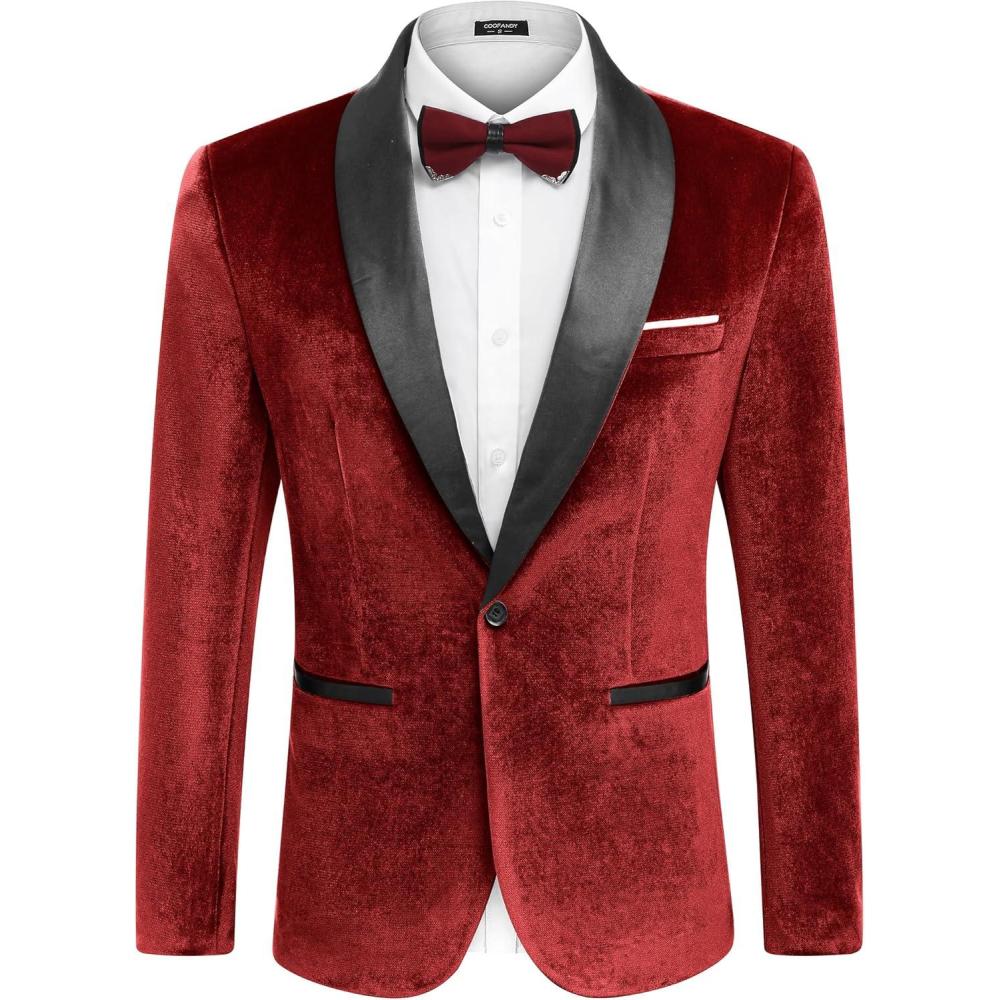 imageCOOFANDY Mens Velvet Tuxedo One Button Jacket Dinner Prom Wedding Blazer JacketRed