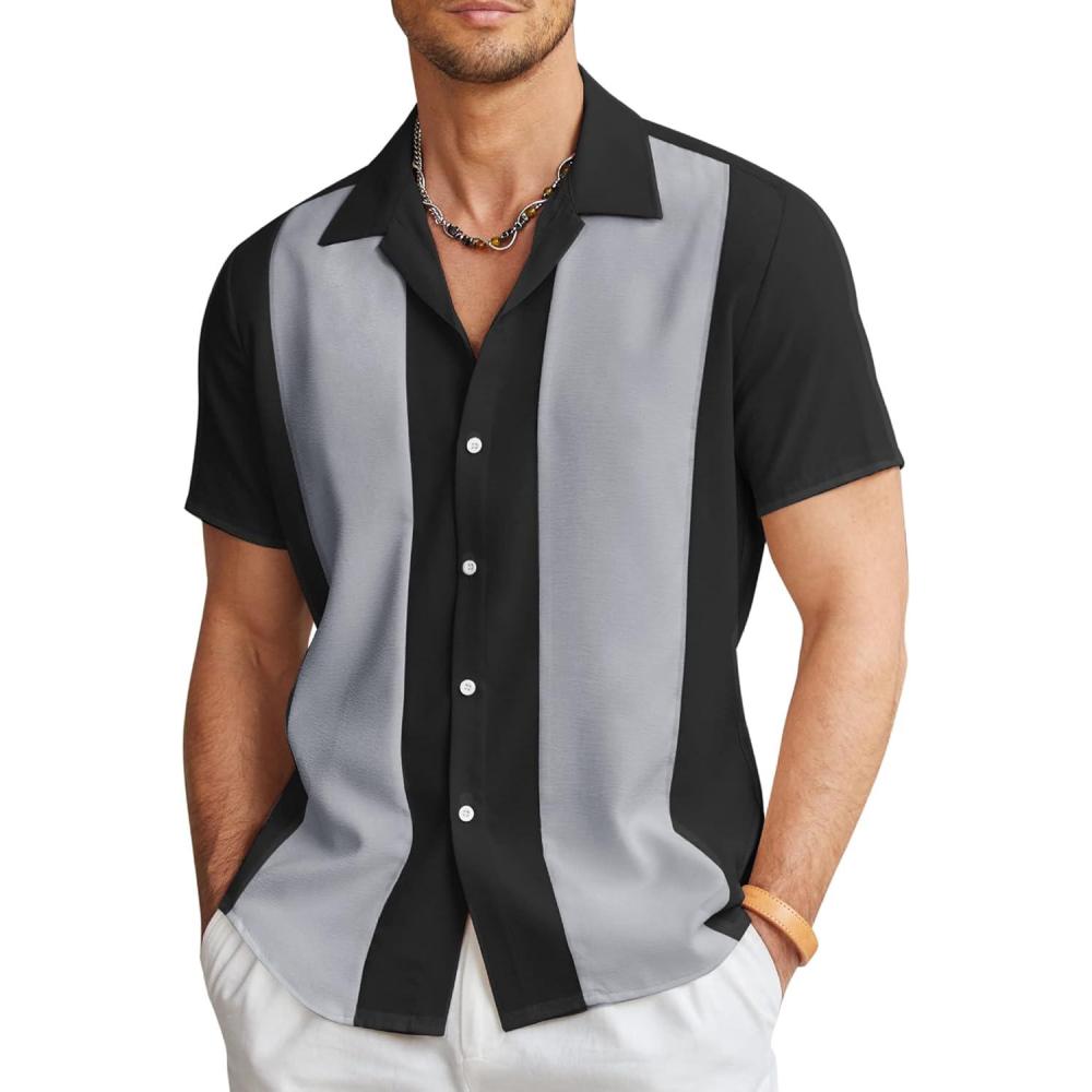 imageCOOFANDY Mens Vintage Bowling Shirt Short Sleeve Button Down Summer Cuba Beach ShirtsBlack Dark Gray