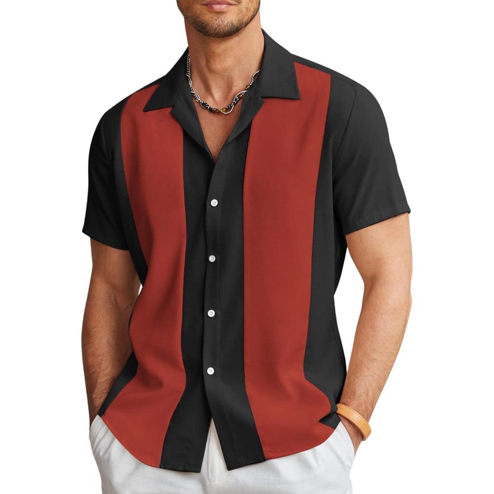 imageCOOFANDY Mens Vintage Bowling Shirt Short Sleeve Button Down Summer Cuba Beach ShirtsBlack Red