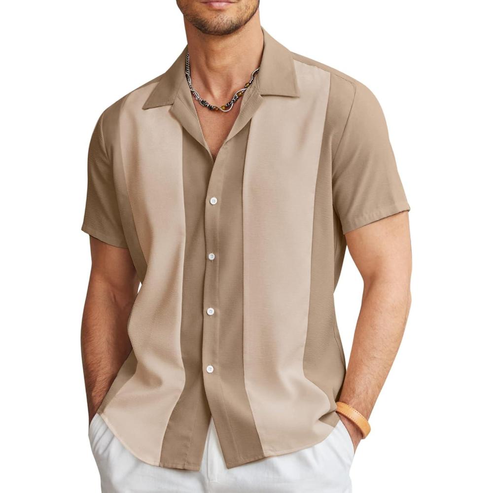 imageCOOFANDY Mens Vintage Bowling Shirt Short Sleeve Button Down Summer Cuba Beach ShirtsKhaki Light Khaki